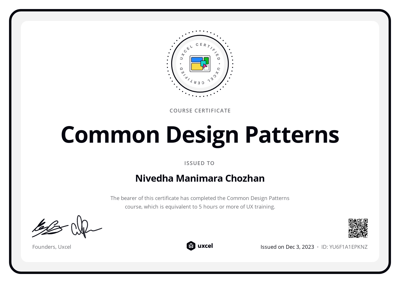 Nivedha Manimara Chozhan's certificate